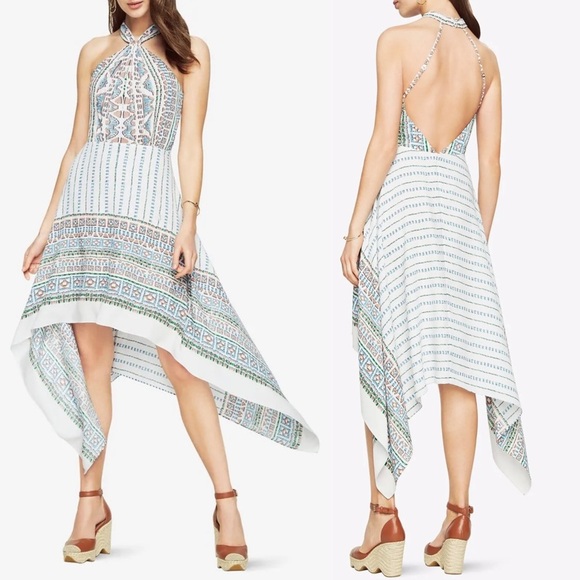 $298‼️ BCBGMAXAZRIA HALTER SCARF FLOWY SEXY WEDDING PARTY DRESS ASYMMETRICAL 0 - Picture 1 of 5
